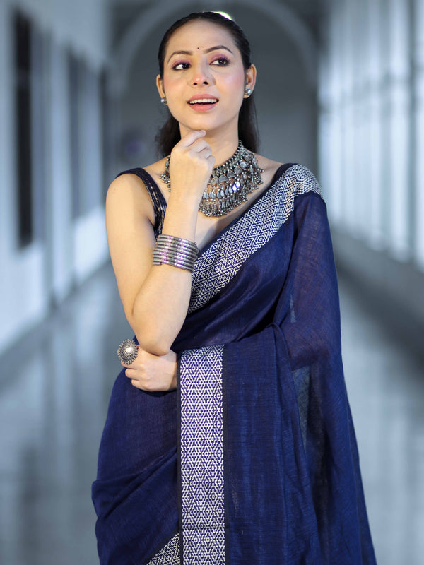Bhagalpur Handloom Pure Linen Cotton Saree With Resham Embroidered Border-Deep Blue