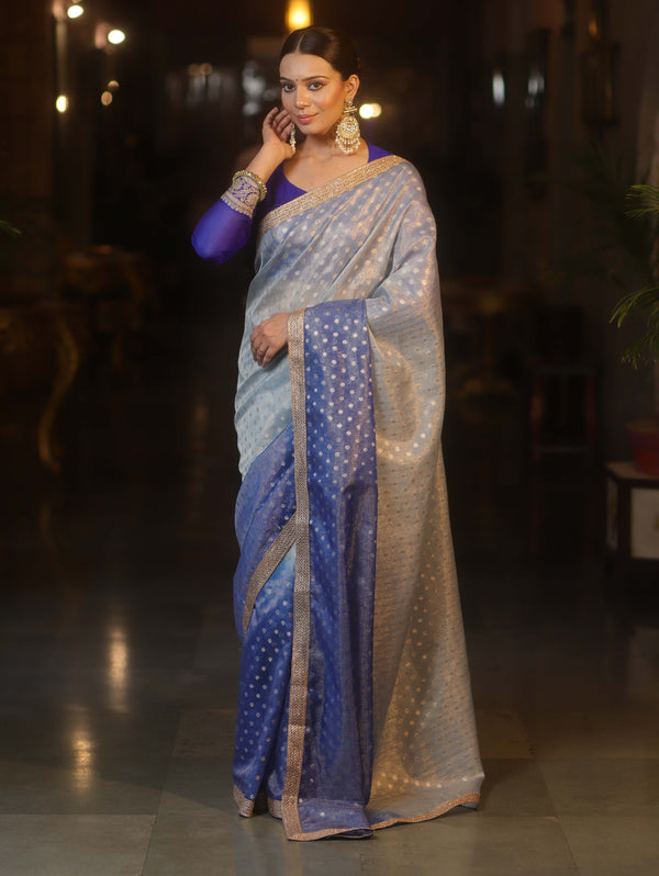 Banarasee Handwoven Tissue Dual Color Saree With Zari Buta & Lace-Blue