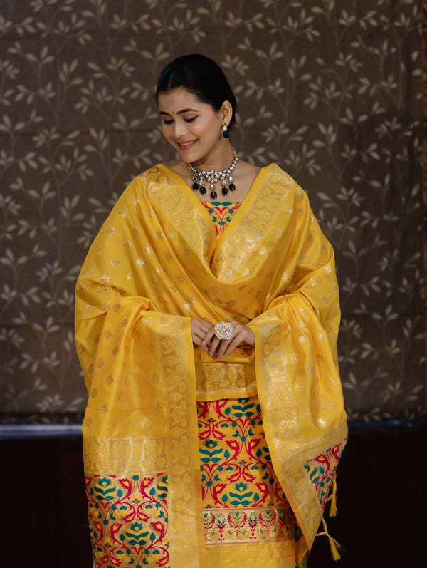 Banarasee Semi-Silk Zari & Resham Work Salwar Kameez Fabric With Dupatta Set-Yellow