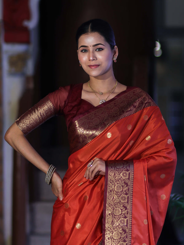 Banarasee Handloom Semi Silk Saree With Buti Design & Contrast Zari Border-Rust & Burgundy