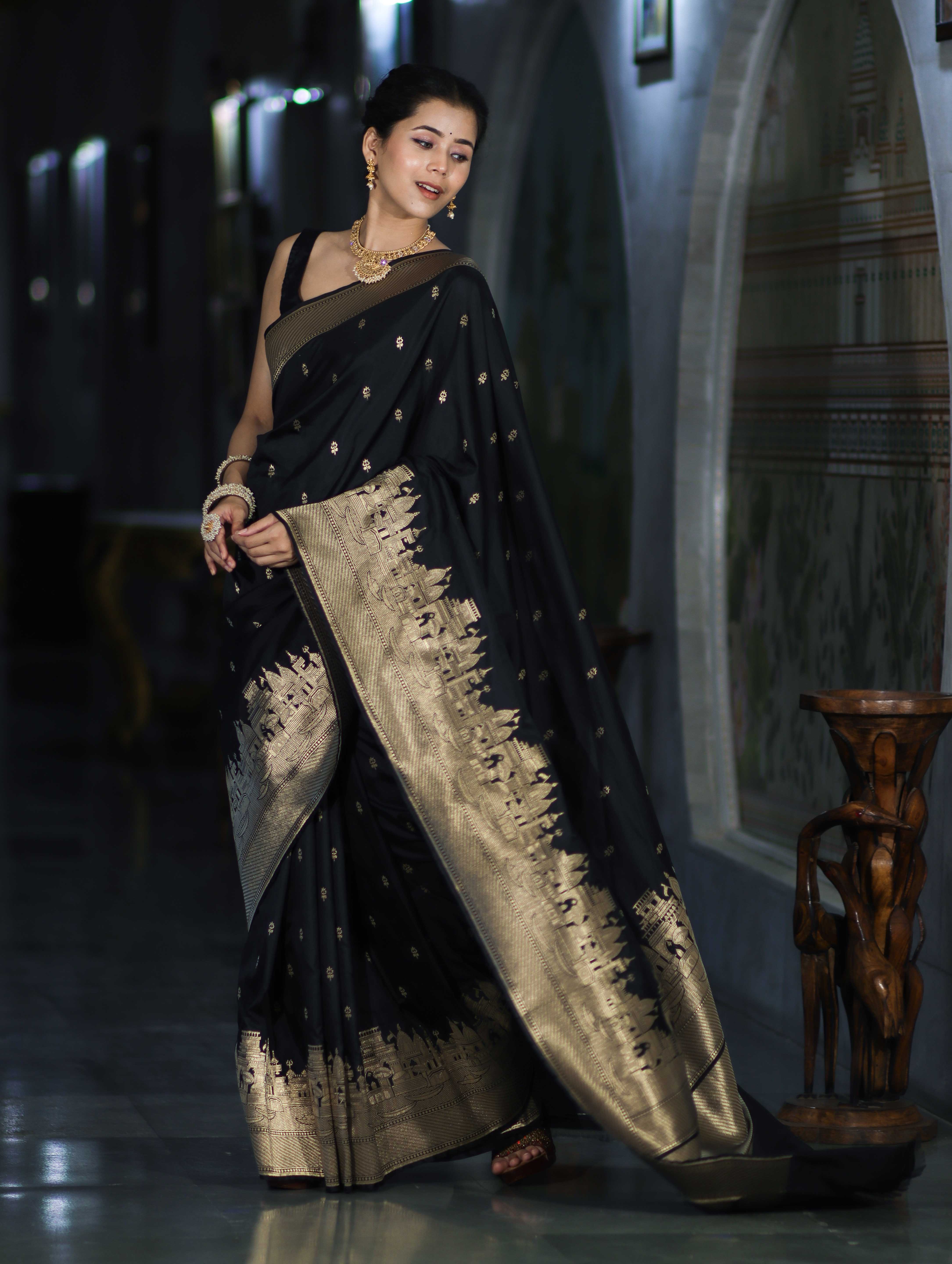 Banarasee Handloom Semi Katan Saree With Trishul Design & Ganga Ghat Zari Border-Black