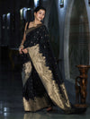 Banarasee Handloom Semi Katan Saree With Trishul Design & Ganga Ghat Zari Border-Black