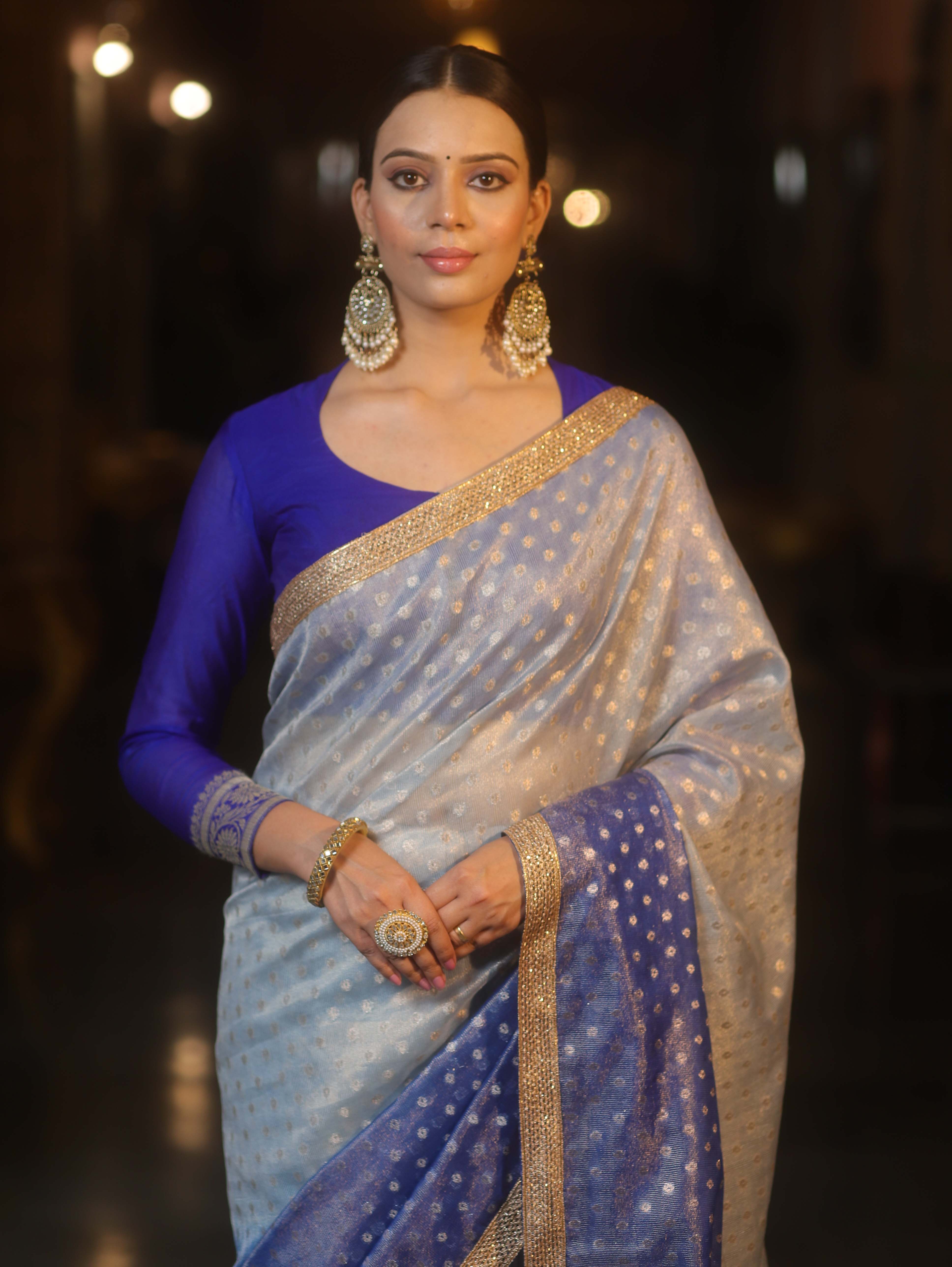Banarasee Handwoven Tissue Dual Color Saree With Zari Buta & Lace-Blue