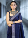Bhagalpur Handloom Pure Linen Cotton Saree With Resham Embroidered Border-Deep Blue