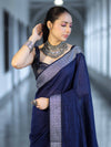 Bhagalpur Handloom Pure Linen Cotton Saree With Resham Embroidered Border-Deep Blue