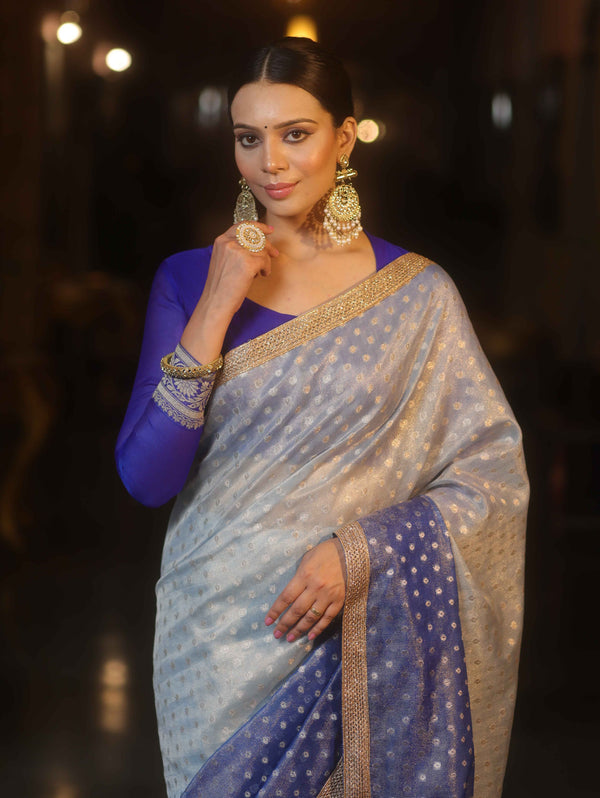 Banarasee Handwoven Tissue Dual Color Saree With Zari Buta & Lace-Blue