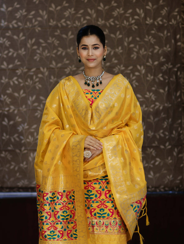Banarasee Semi-Silk Zari & Resham Work Salwar Kameez Fabric With Dupatta Set-Yellow
