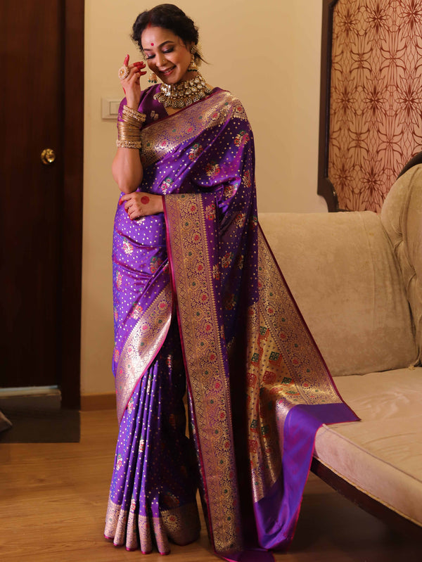 Banarasee Handwoven Semi-Katan Zari & Resham Weaving Floral Border Saree-Violet