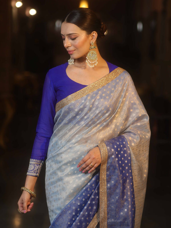 Banarasee Handwoven Tissue Dual Color Saree With Zari Buta & Lace-Blue