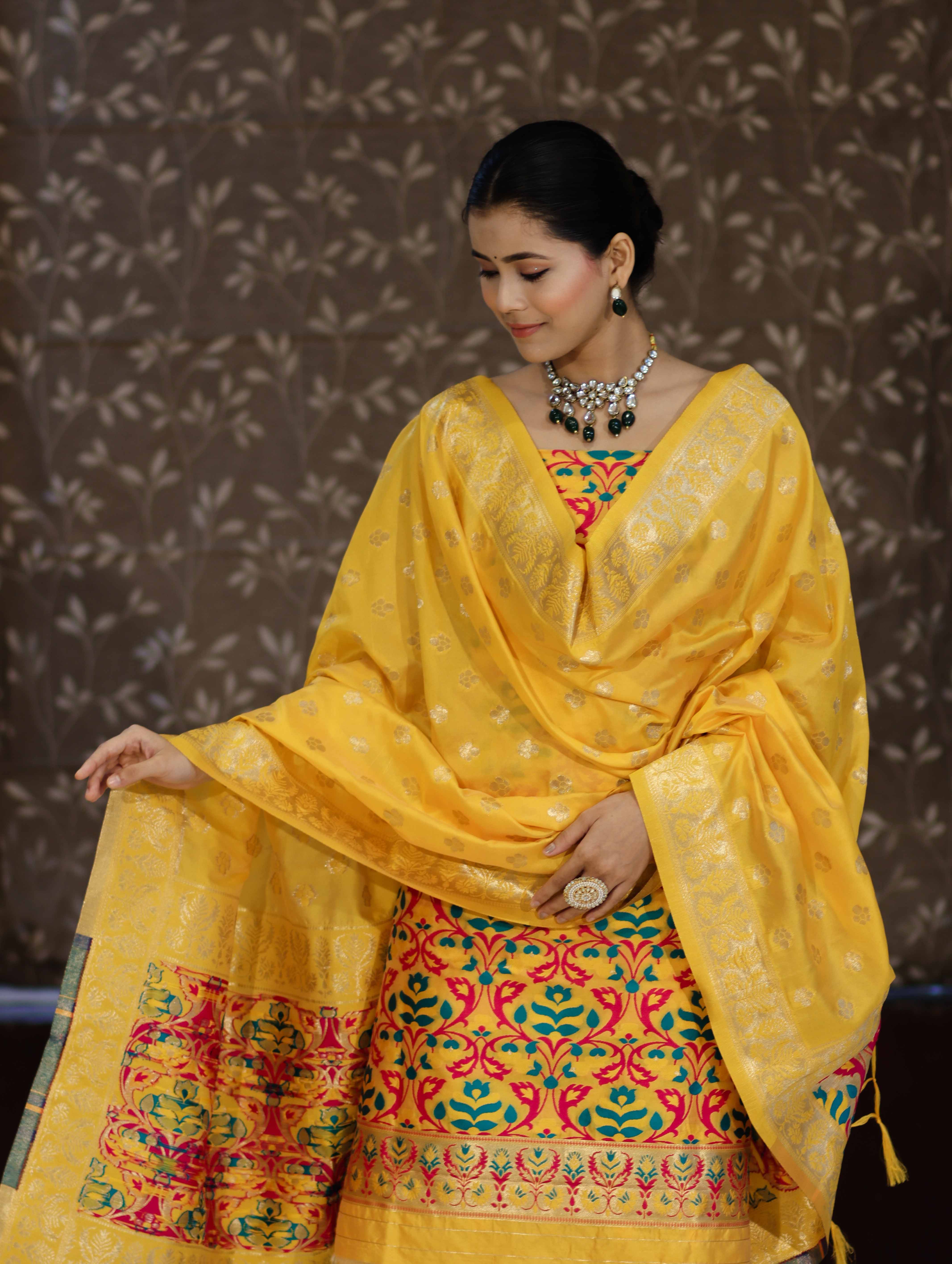 Banarasee Semi-Silk Zari & Resham Work Salwar Kameez Fabric With Dupatta Set-Yellow