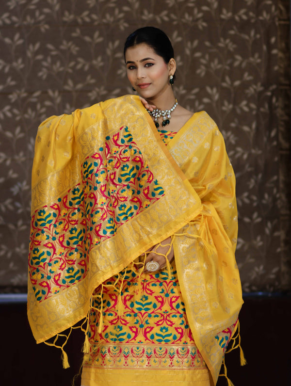 Banarasee Semi-Silk Zari & Resham Work Salwar Kameez Fabric With Dupatta Set-Yellow