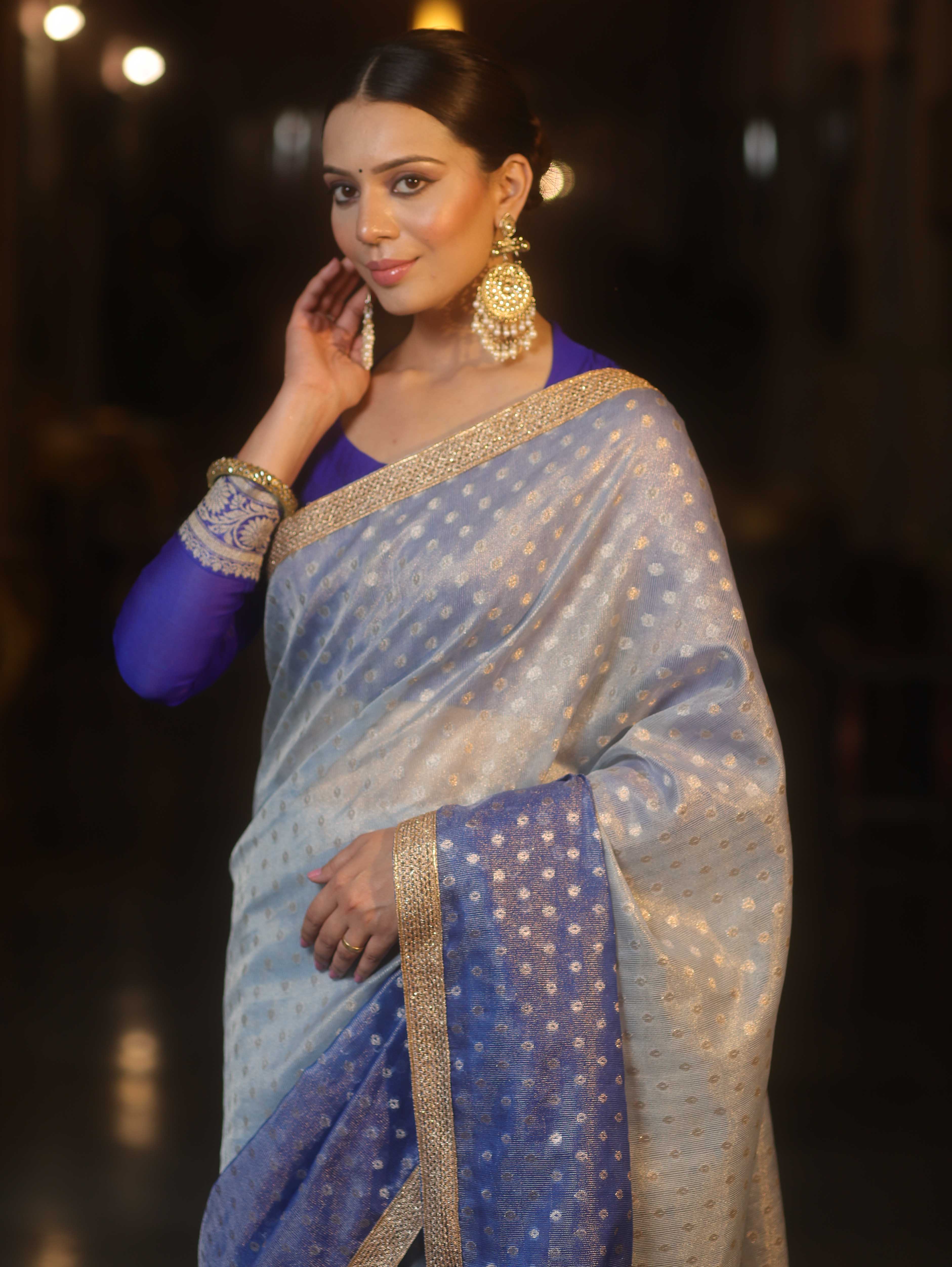 Banarasee Handwoven Tissue Dual Color Saree With Zari Buta & Lace-Blue