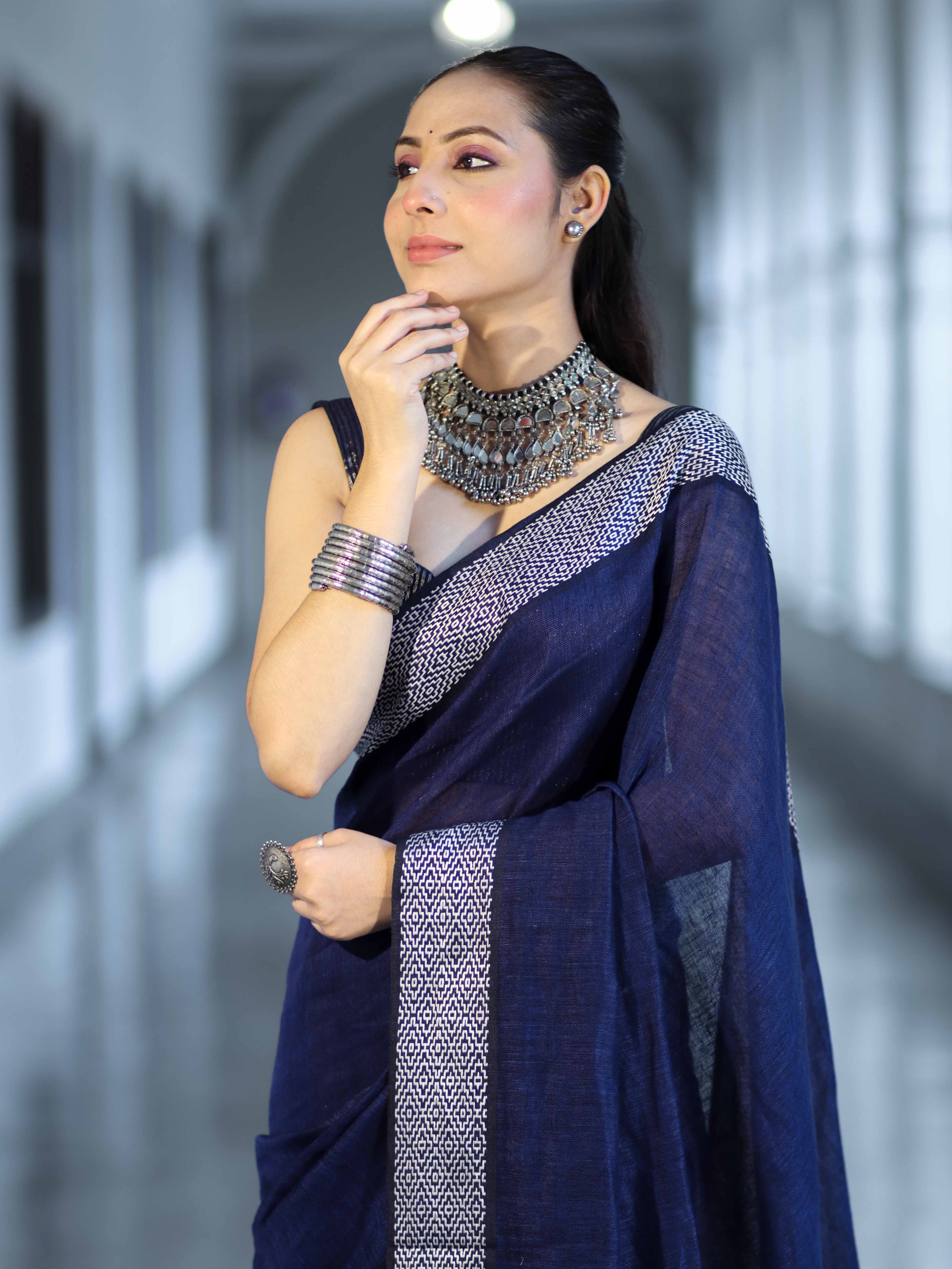 Bhagalpur Handloom Pure Linen Cotton Saree With Resham Embroidered Border-Deep Blue