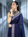 Bhagalpur Handloom Pure Linen Cotton Saree With Resham Embroidered Border-Deep Blue