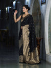 Banarasee Handloom Semi Katan Saree With Trishul Design & Ganga Ghat Zari Border-Black