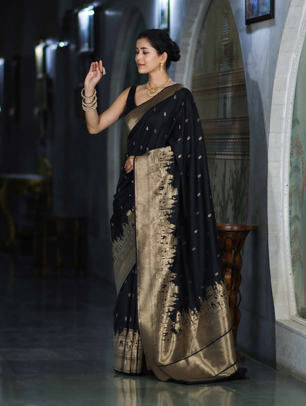 Banarasee Handloom Semi Katan Saree With Trishul Design & Ganga Ghat Zari Border-Black