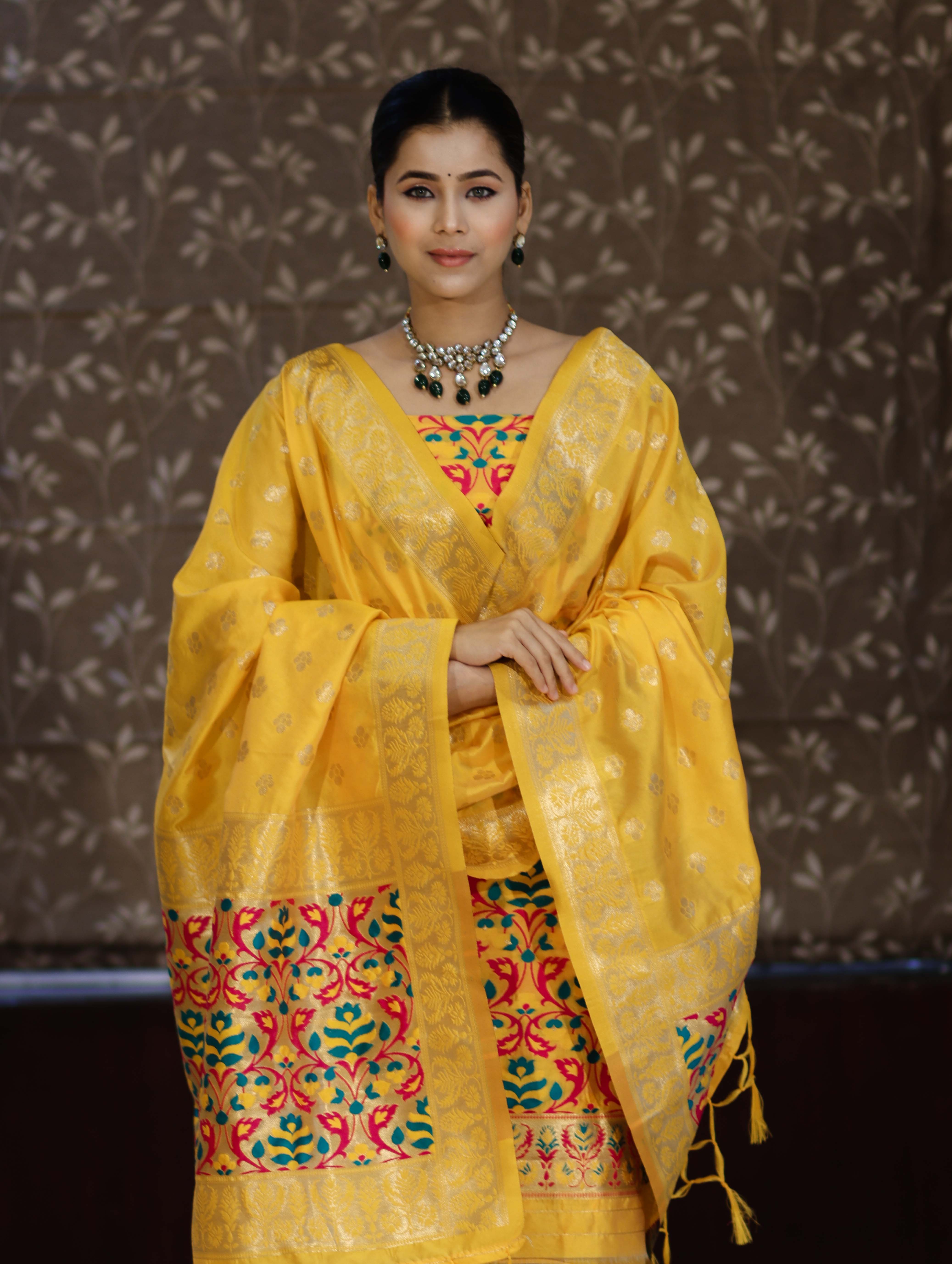 Banarasee Semi-Silk Zari & Resham Work Salwar Kameez Fabric With Dupatta Set-Yellow