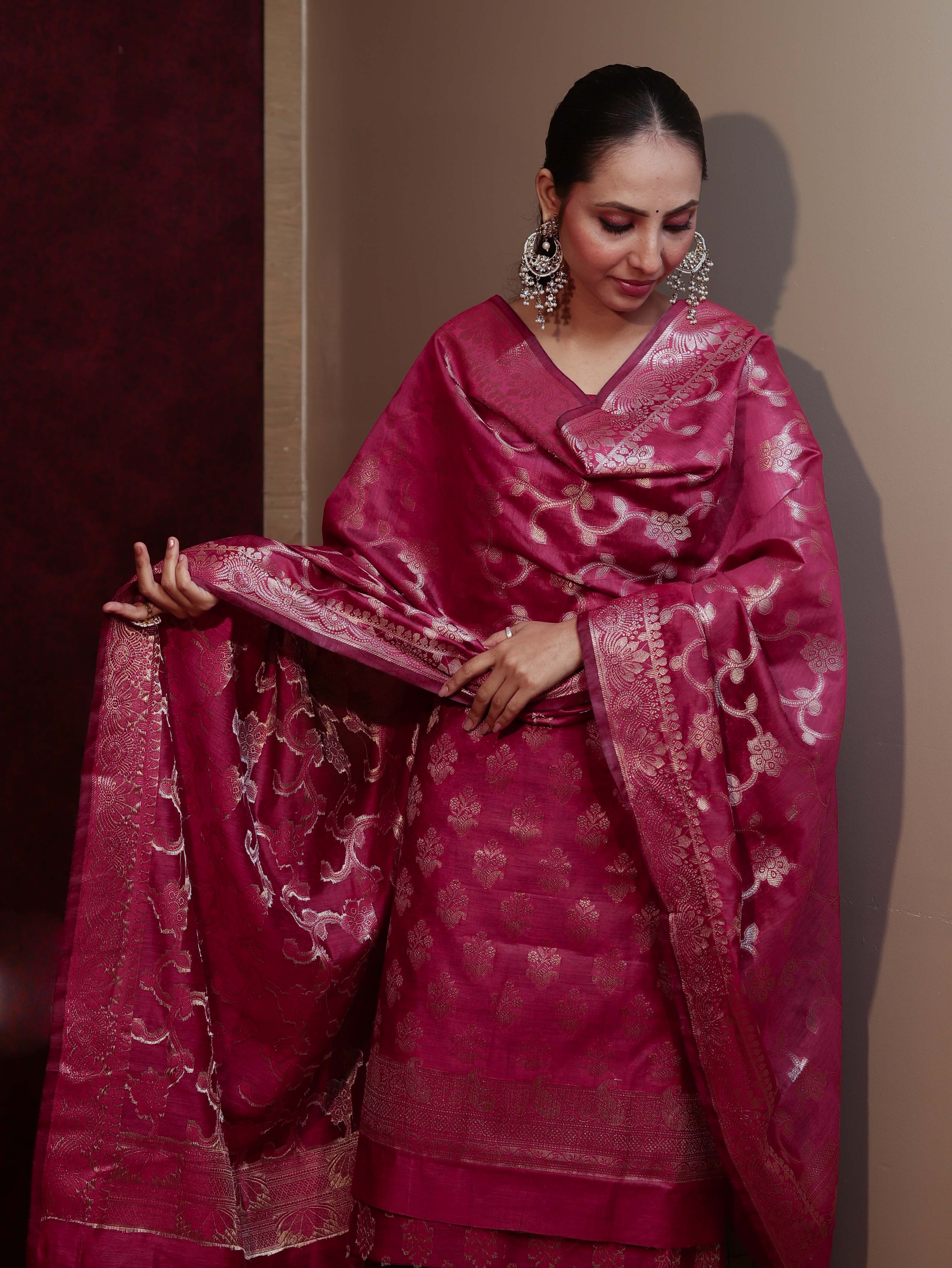 Banarasee Cotton Silk Zari Buta Work Salwar Kameez Fabric With Dupatta Set-Magenta