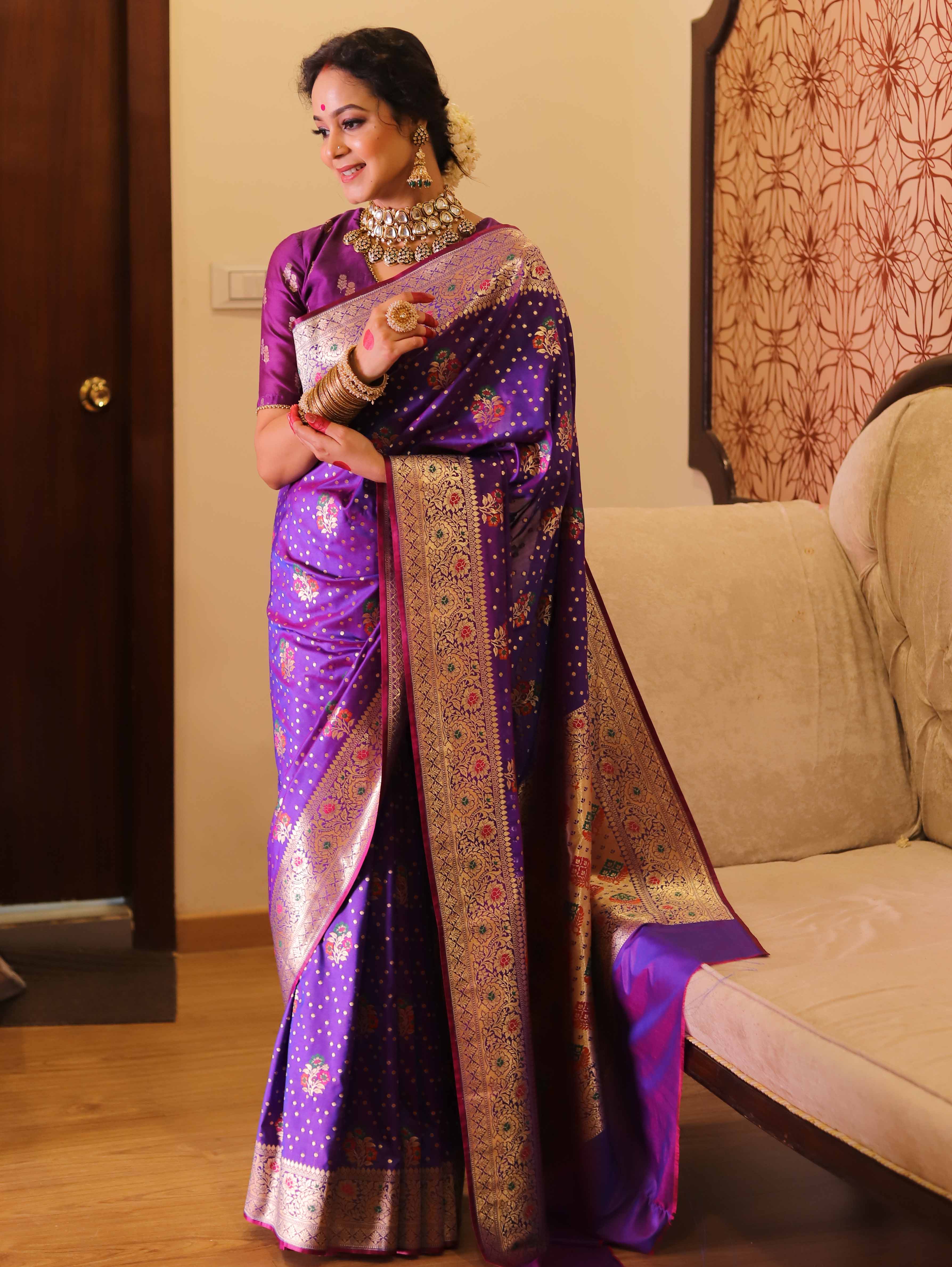 Banarasee Handwoven Semi-Katan Zari & Resham Weaving Floral Border Saree-Violet