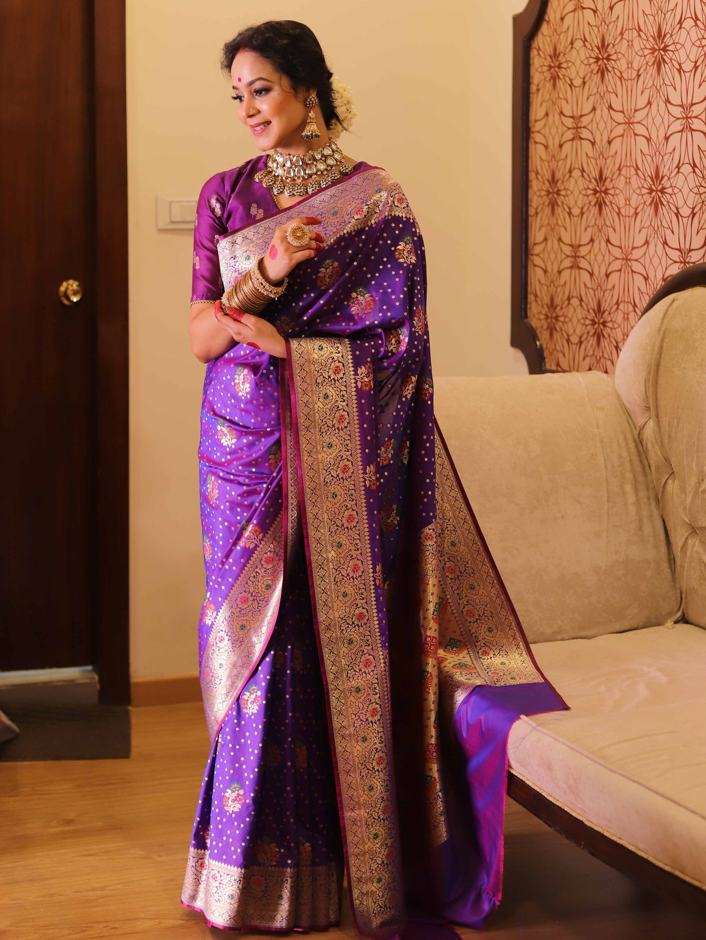 Magenta Traditional Chanderi saree with Resham Meenkari & Zari Weaving main image 1