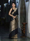 Banarasee Handloom Semi Katan Saree With Trishul Design & Ganga Ghat Zari Border-Black