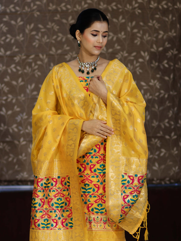 Banarasee Semi-Silk Zari & Resham Work Salwar Kameez Fabric With Dupatta Set-Yellow