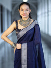 Bhagalpur Handloom Pure Linen Cotton Saree With Resham Embroidered Border-Deep Blue