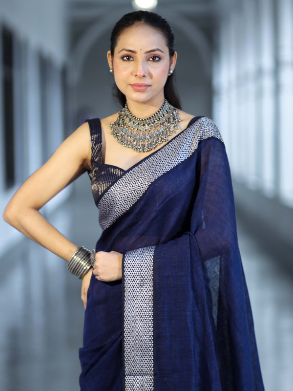 Bhagalpur Handloom Pure Linen Cotton Saree With Resham Embroidered Border-Deep Blue