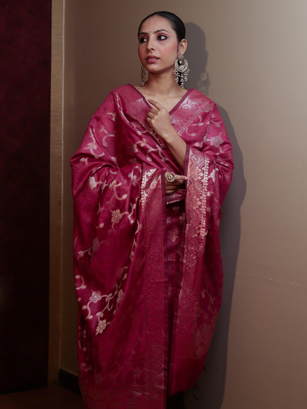 Banarasee Cotton Silk Zari Buta Work Salwar Kameez Fabric With Dupatta Set-Magenta