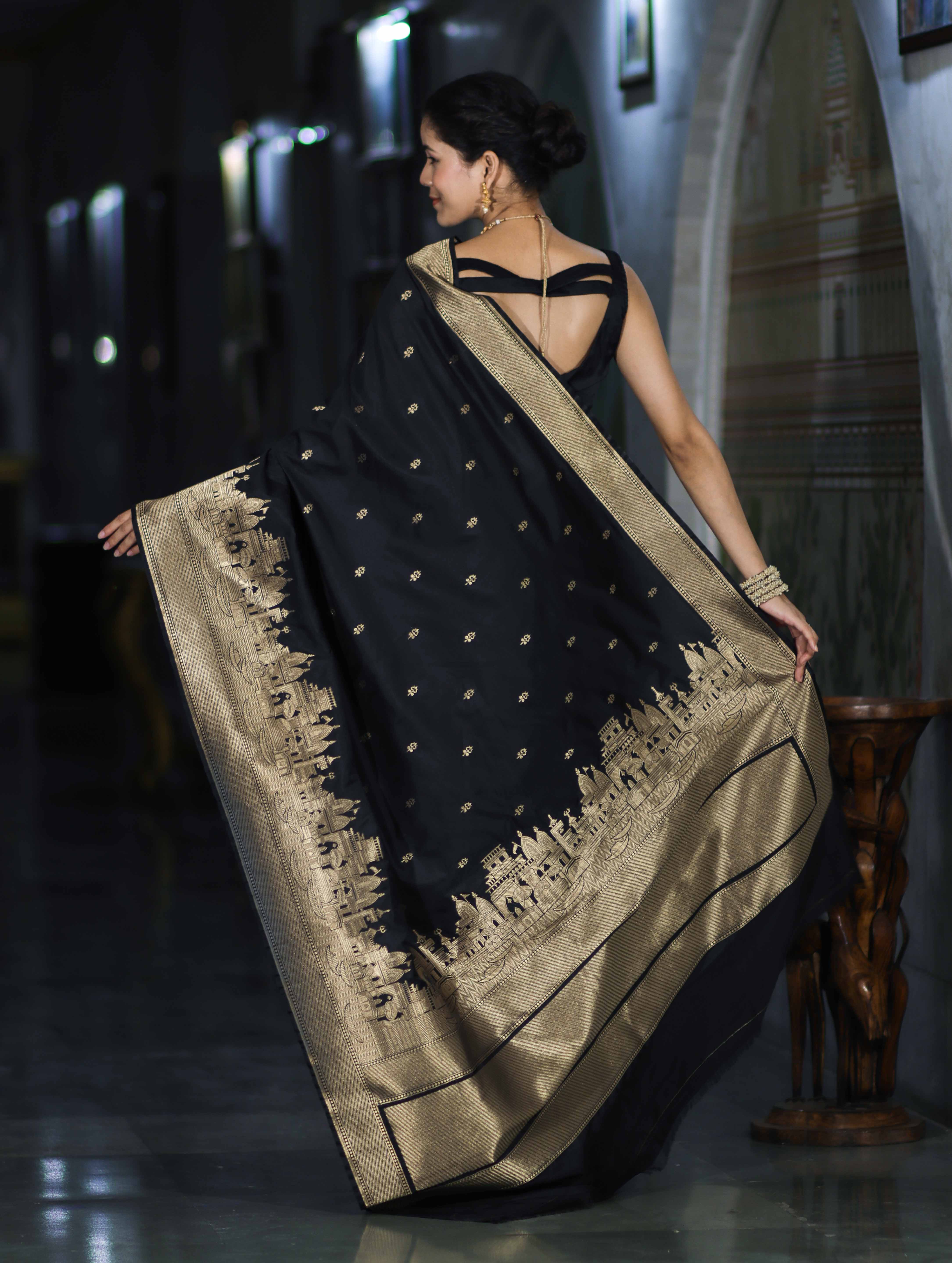 Banarasee Handloom Semi Katan Saree With Trishul Design & Ganga Ghat Zari Border-Black