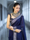 Bhagalpur Handloom Pure Linen Cotton Saree With Resham Embroidered Border-Deep Blue