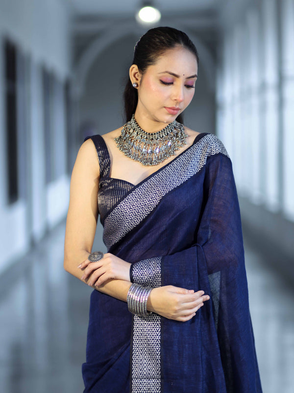 Bhagalpur Handloom Pure Linen Cotton Saree With Resham Embroidered Border-Deep Blue