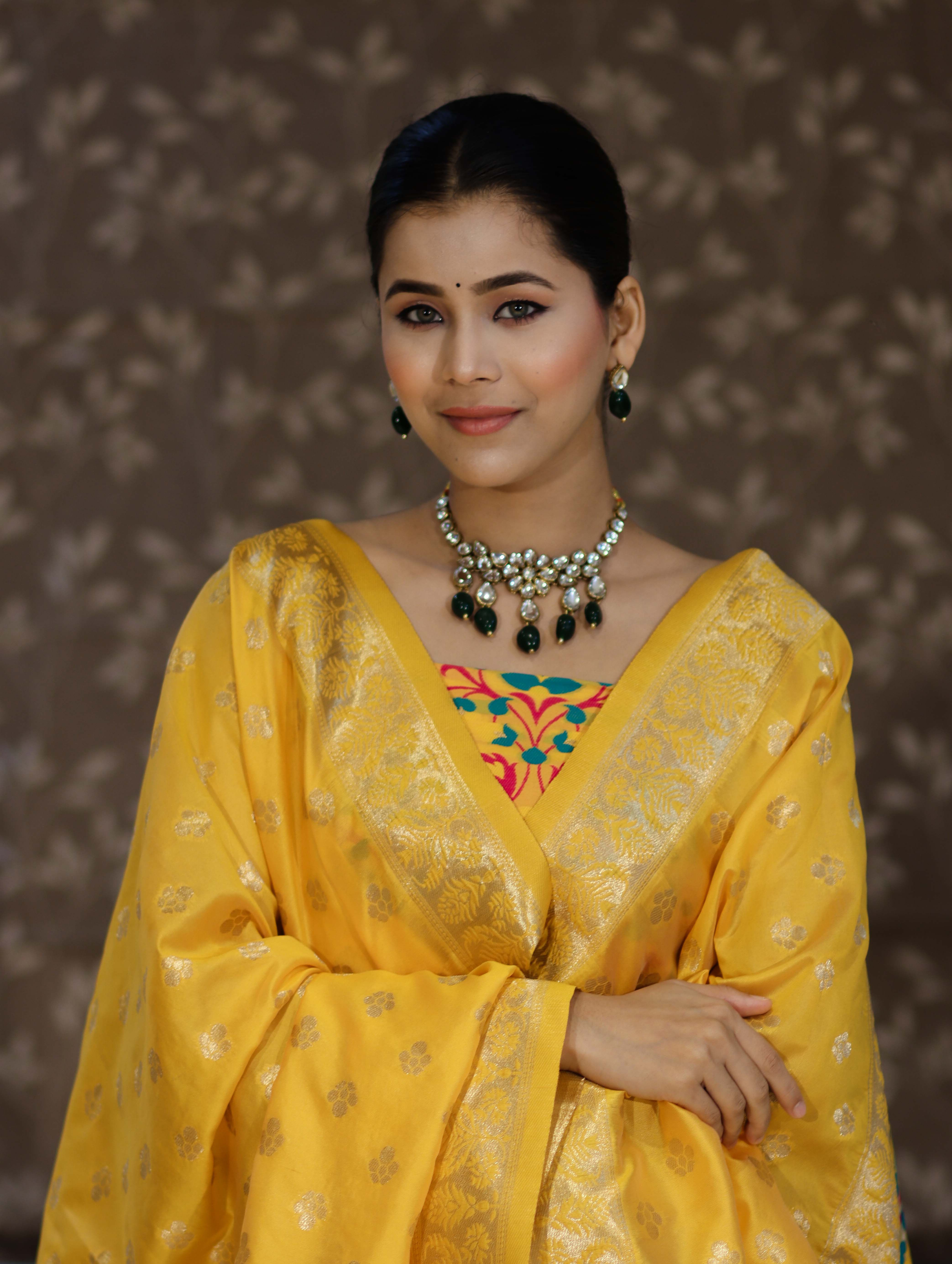 Banarasee Semi-Silk Zari & Resham Work Salwar Kameez Fabric With Dupatta Set-Yellow