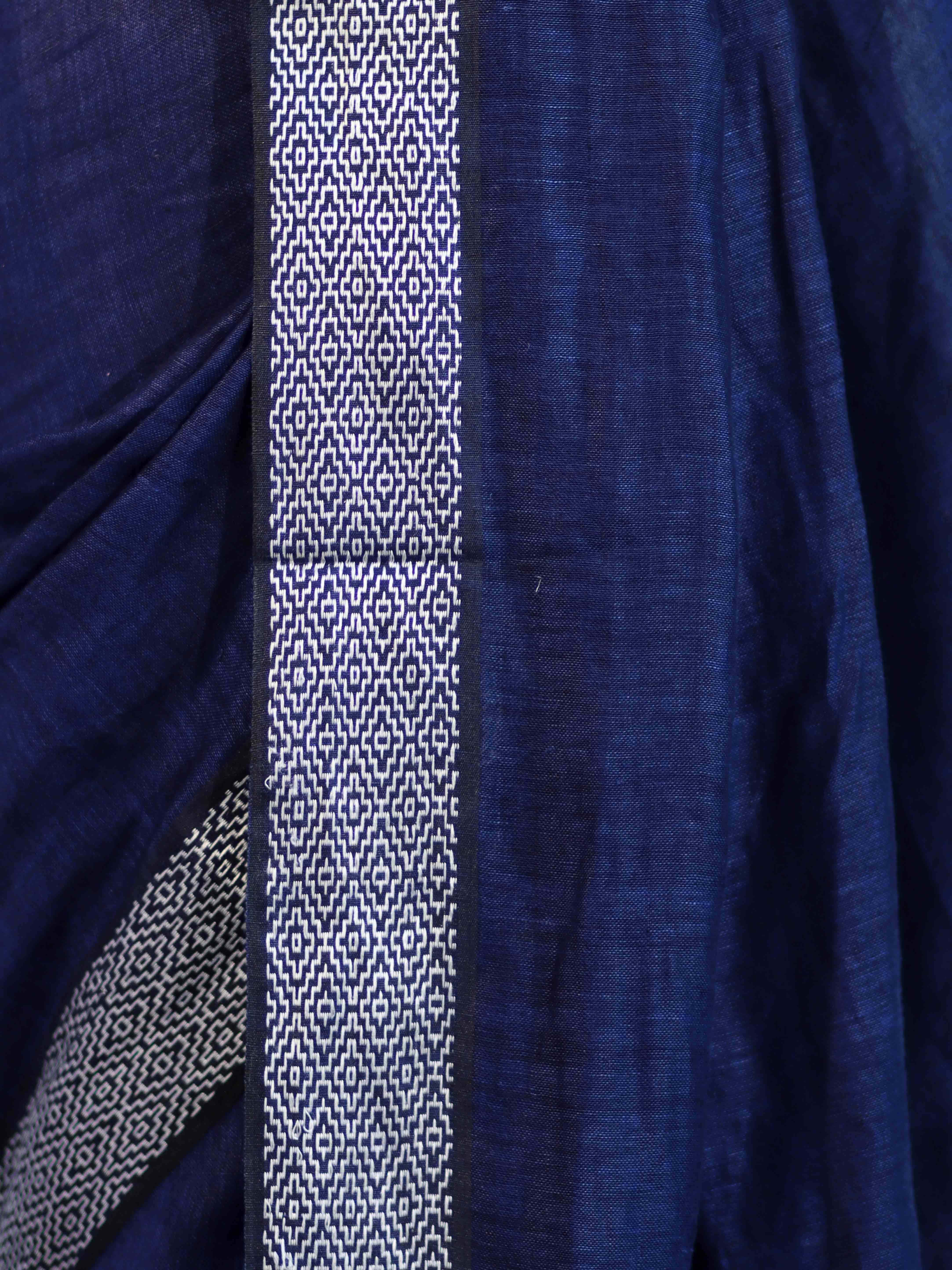 Bhagalpur Handloom Pure Linen Cotton Saree With Resham Embroidered Border-Deep Blue