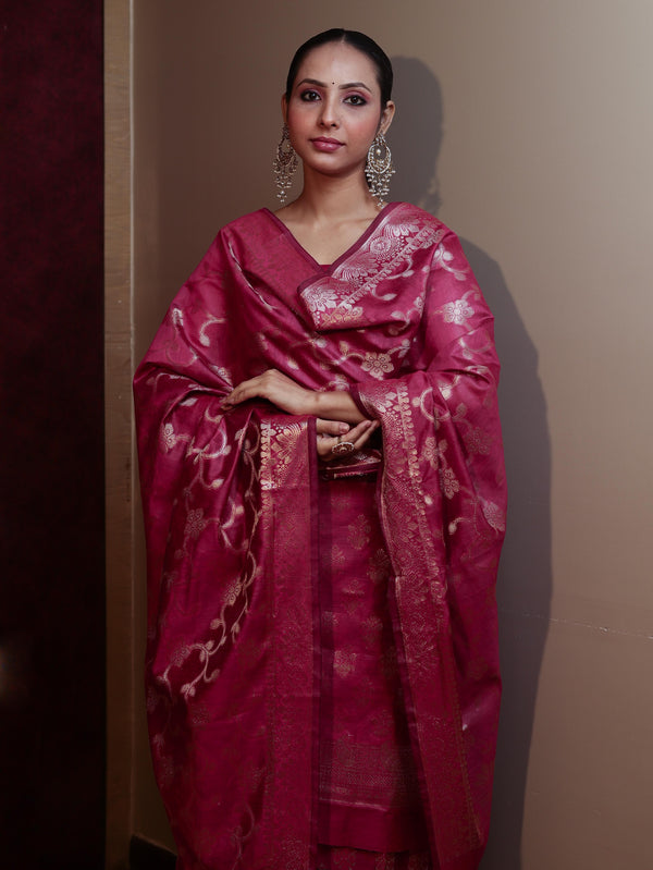 Banarasee Cotton Silk Zari Buta Work Salwar Kameez Fabric With Dupatta Set-Magenta
