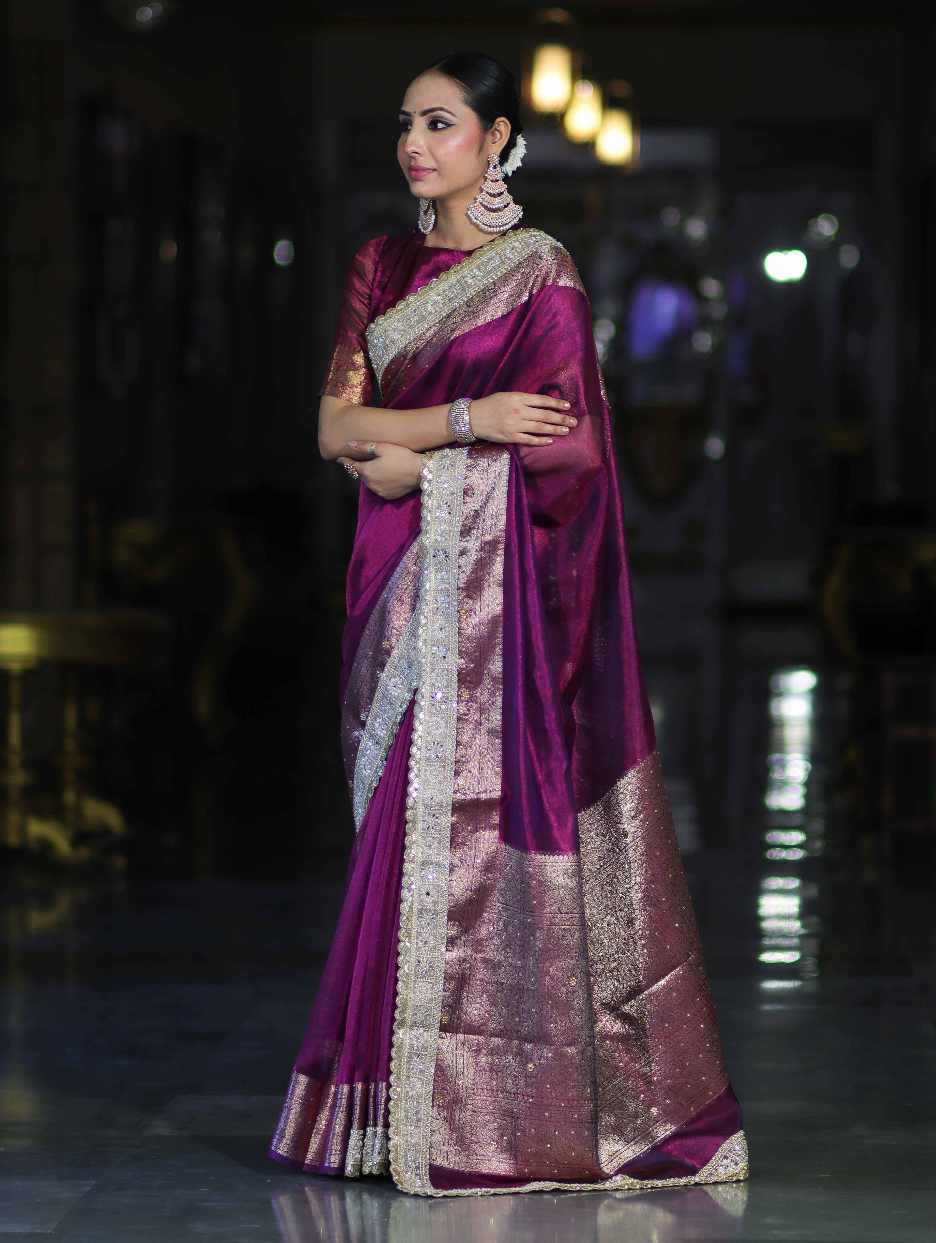 Banarasee Plain Tissue Saree With Swarovski Work Pallu & Zari Lace Border-Purple
