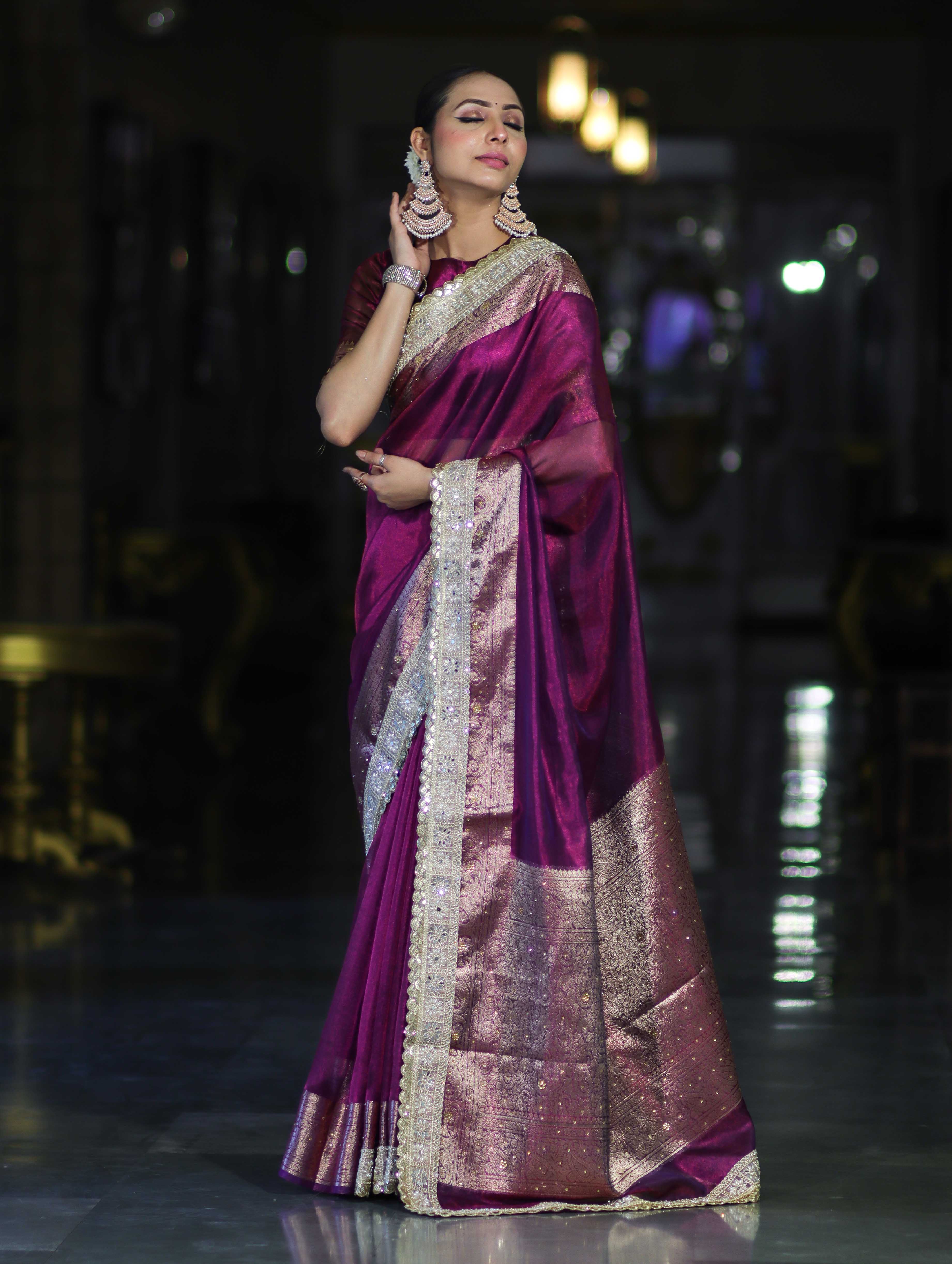 Banarasee Plain Tissue Saree With Swarovski Work Pallu & Zari Lace Border-Purple