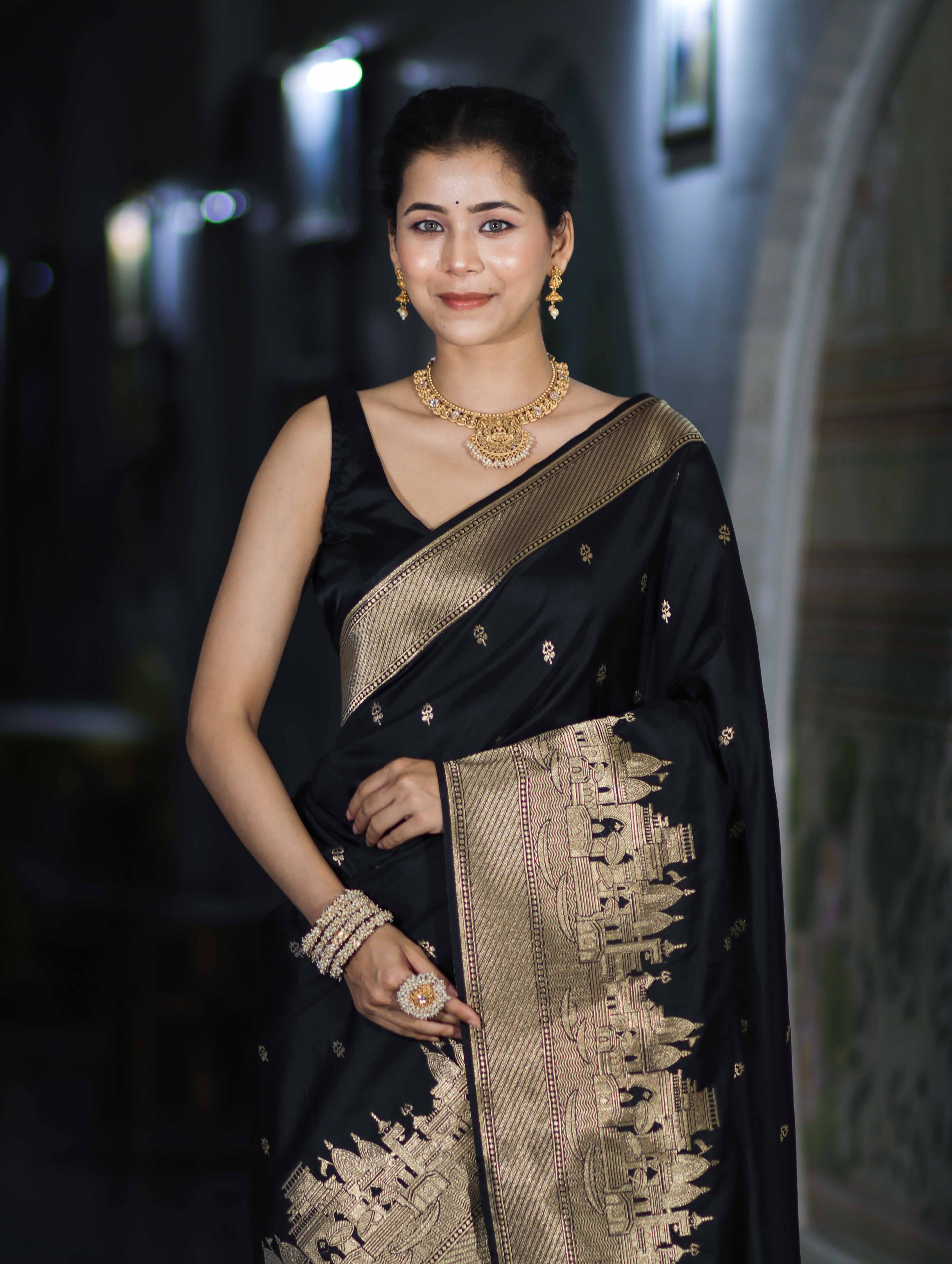 Banarasee Handloom Semi Katan Saree With Trishul Design & Ganga Ghat Zari Border-Black