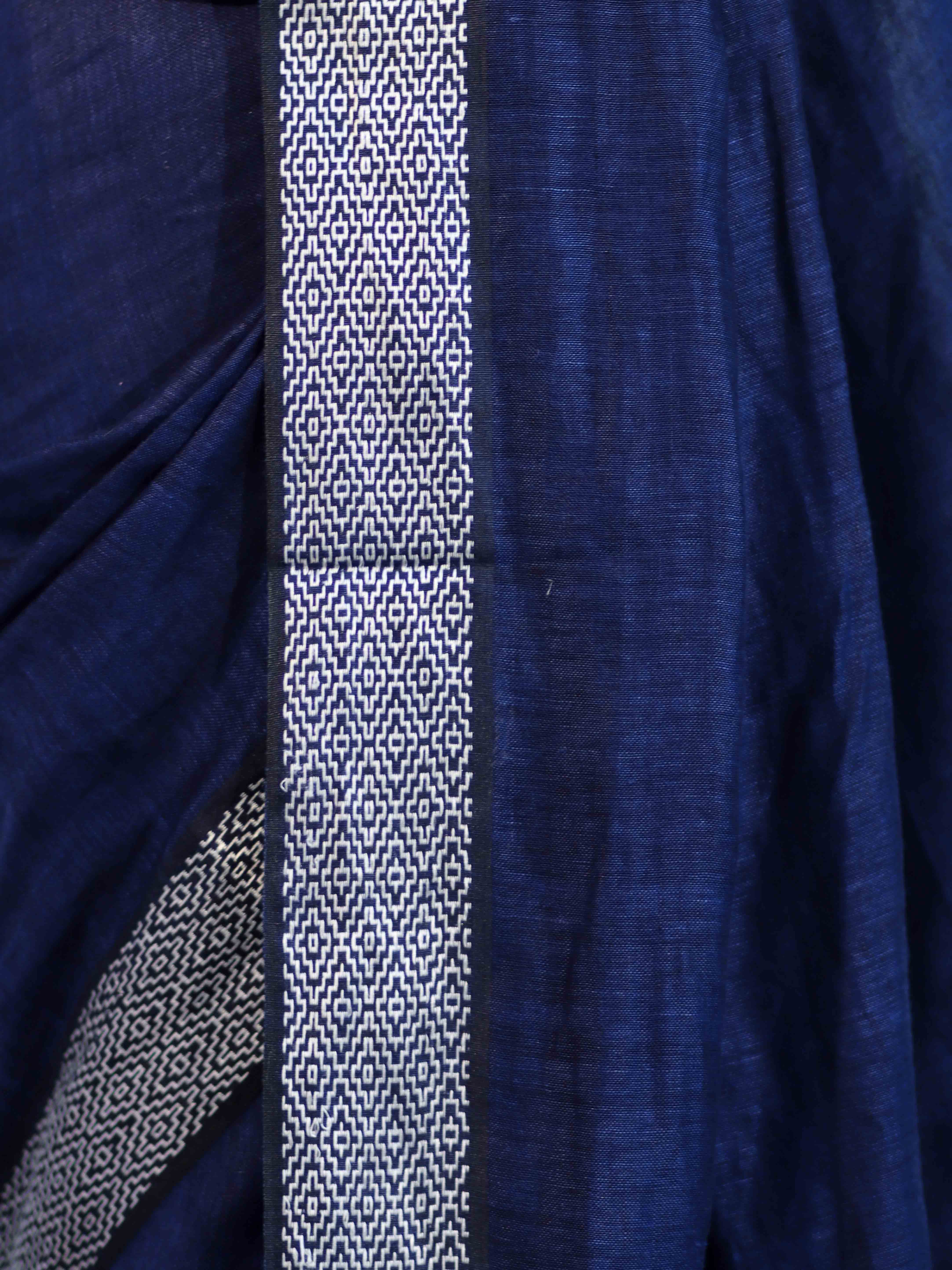 Bhagalpur Handloom Pure Linen Cotton Saree With Resham Embroidered Border-Deep Blue
