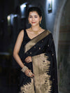 Banarasee Handloom Semi Katan Saree With Trishul Design & Ganga Ghat Zari Border-Black
