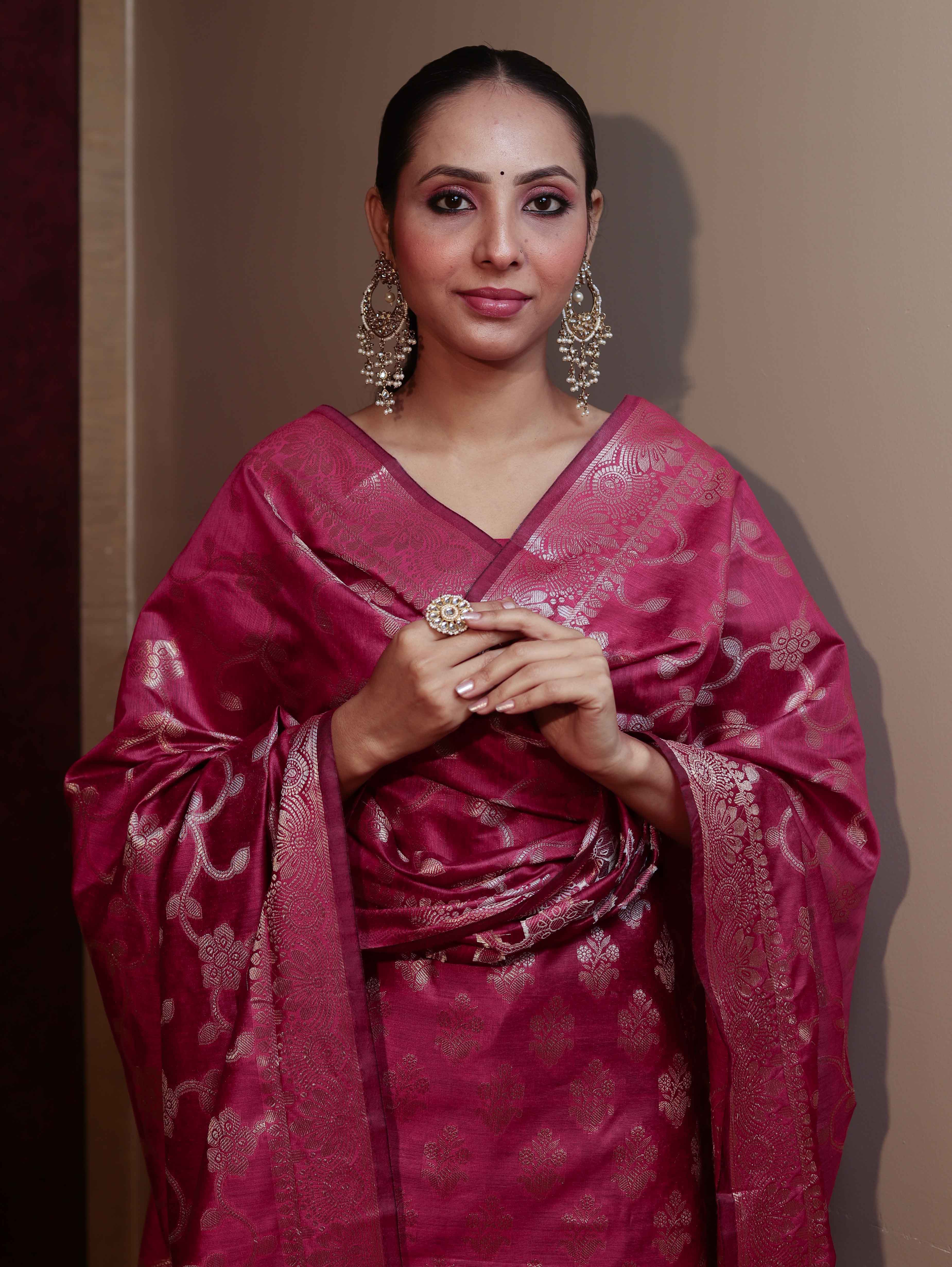 Banarasee Cotton Silk Zari Buta Work Salwar Kameez Fabric With Dupatta Set-Magenta