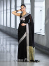 Bhagalpur Handloom Pure Linen Cotton Saree With Resham Embroidered Border-Black
