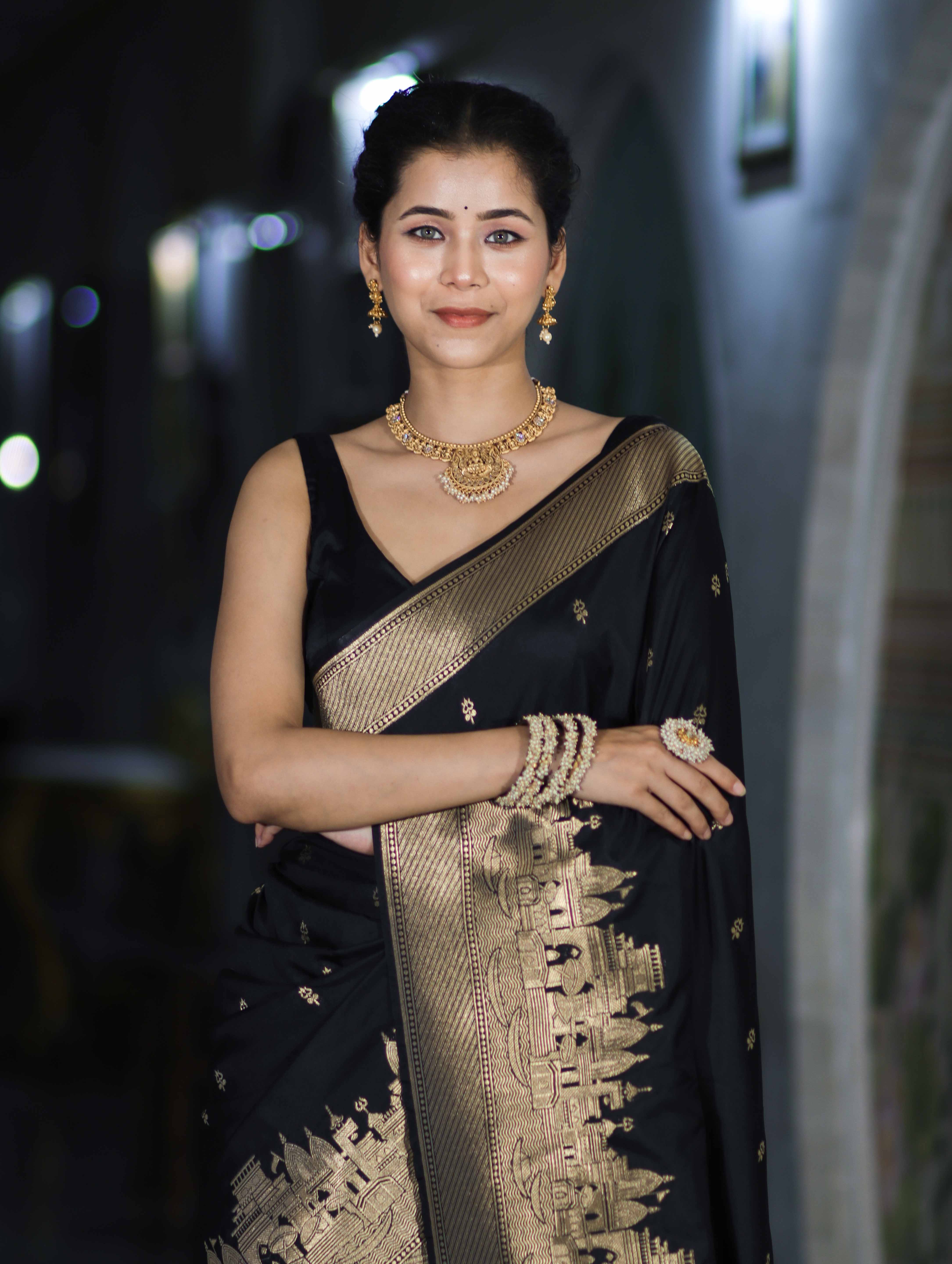 Banarasee Handloom Semi Katan Saree With Trishul Design & Ganga Ghat Zari Border-Black
