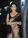 Banarasee Handloom Semi Katan Saree With Trishul Design & Ganga Ghat Zari Border-Black