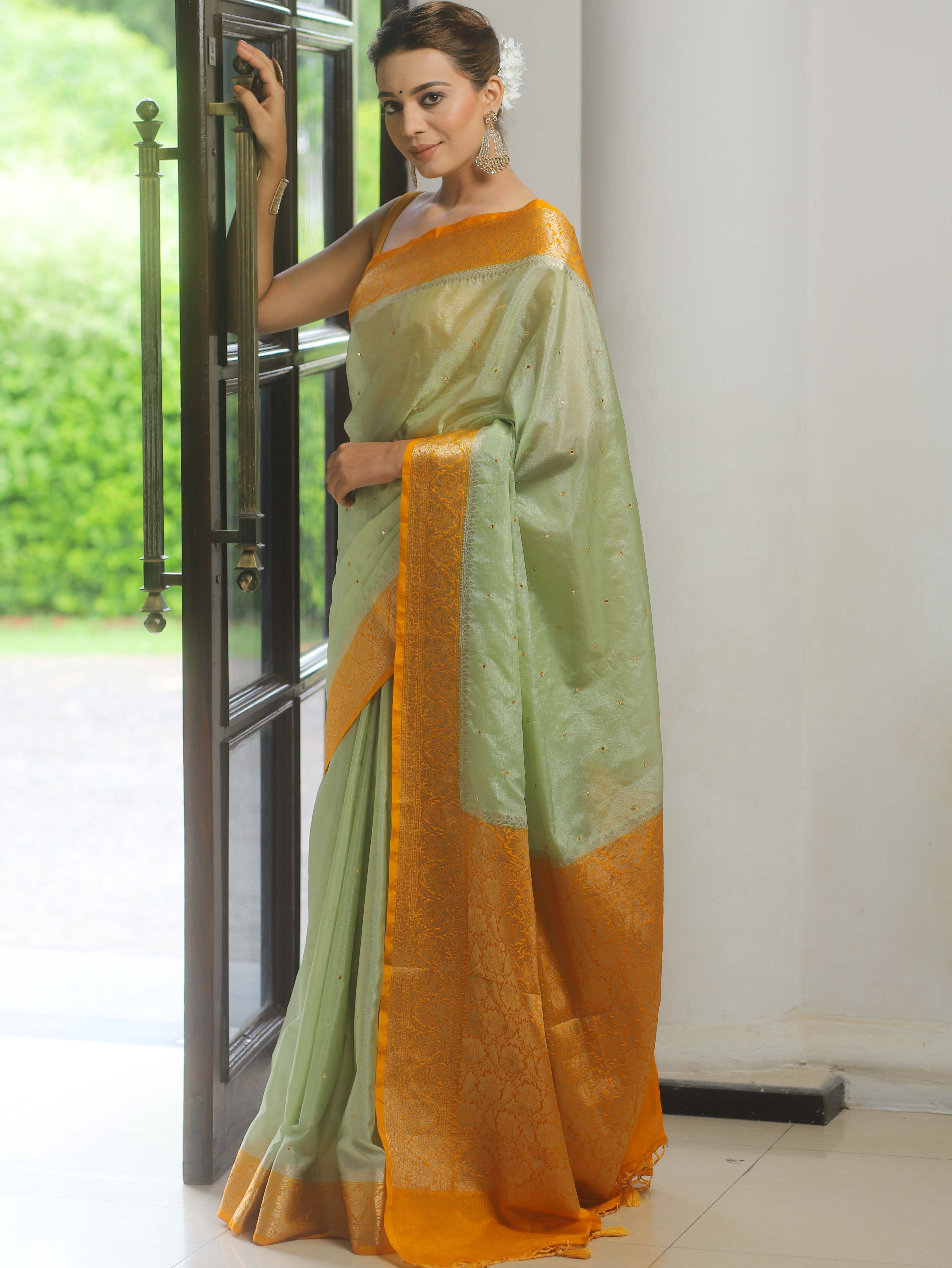 Banarasee Handloom Mirror Work Dupion Saree With Contrast Border-Light Green & Yellow