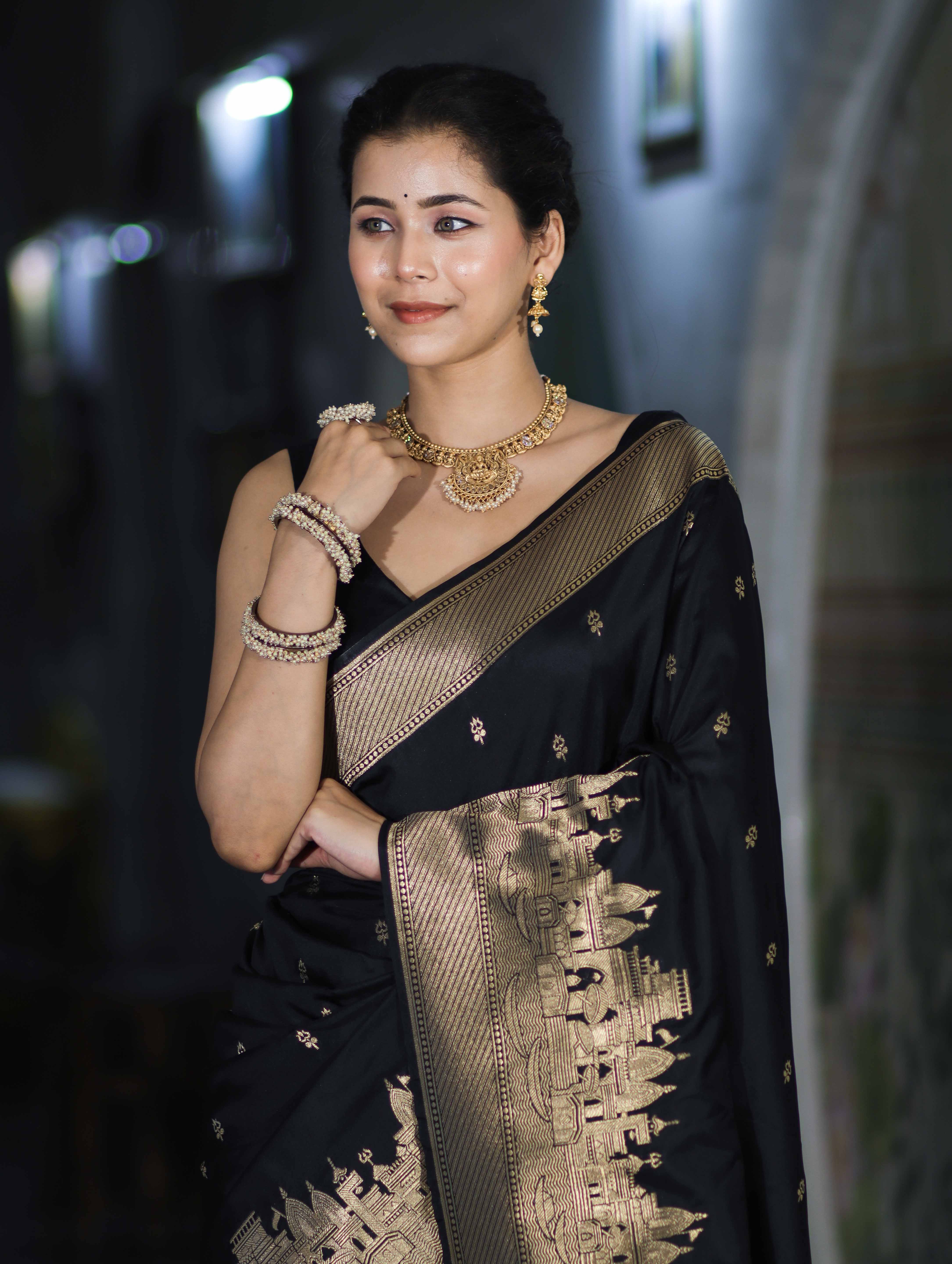 Banarasee Handloom Semi Katan Saree With Trishul Design & Ganga Ghat Zari Border-Black