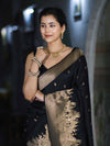 Banarasee Handloom Semi Katan Saree With Trishul Design & Ganga Ghat Zari Border-Black