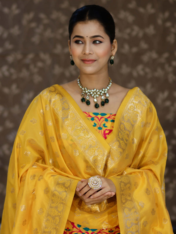 Banarasee Semi-Silk Zari & Resham Work Salwar Kameez Fabric With Dupatta Set-Yellow