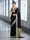 Bhagalpur Handloom Pure Linen Cotton Saree With Resham Embroidered Border-Black