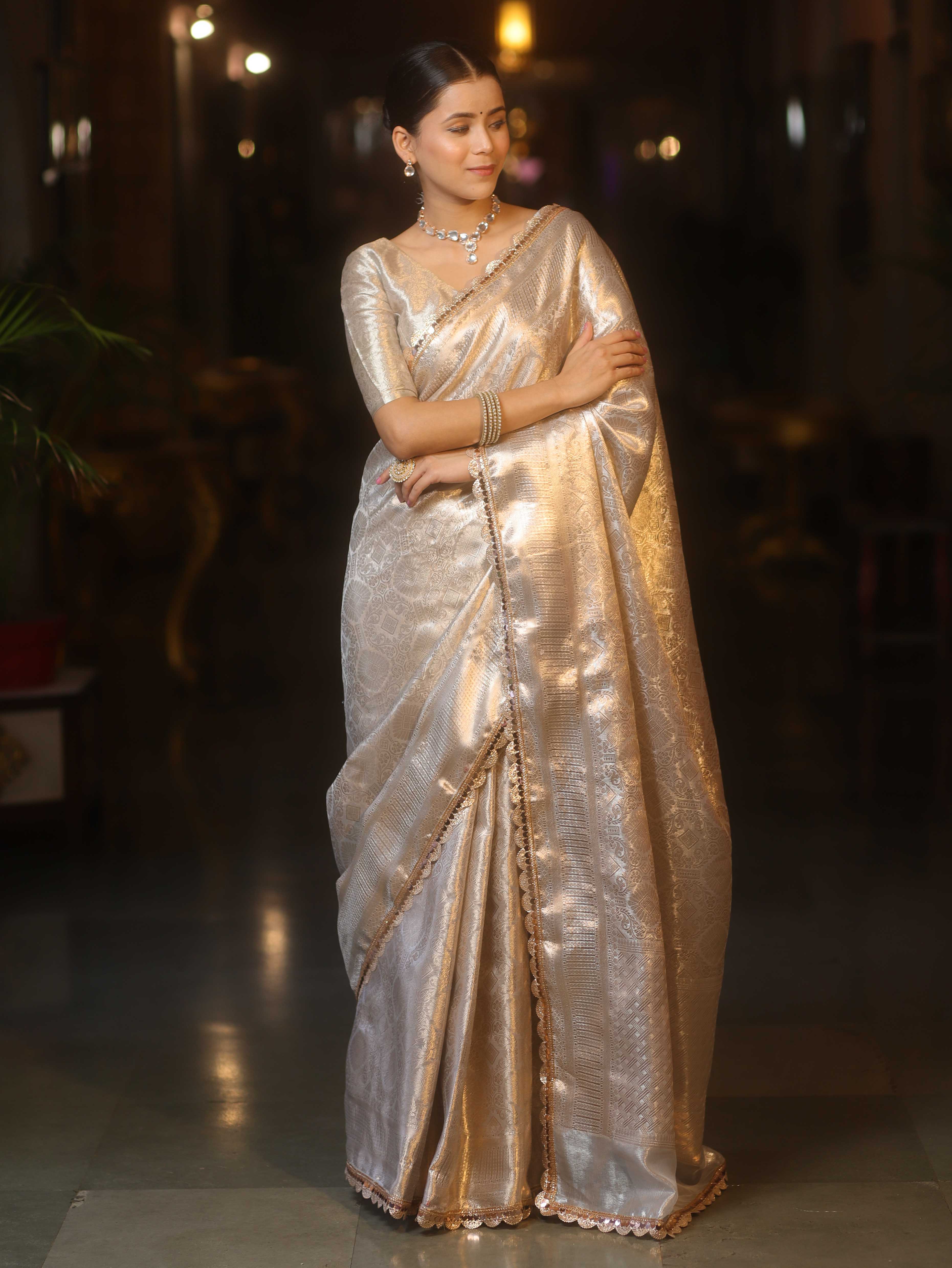 Banarasee Handwoven Tissue Saree With Silver Zari Jaal Design & Lace-Silver